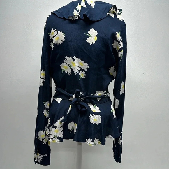 Ganni Blouse Wrap Top Long Sleeve Shirt V-Neck Floral Daisy Navy Blue Size US XS - Picture 5 of 13